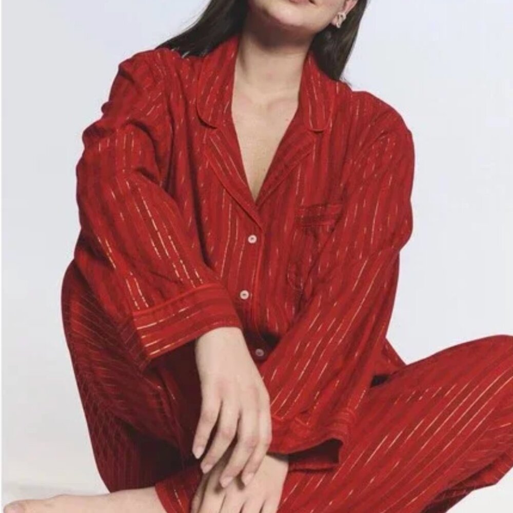 Victoria's Secret Flannel Pajama Top - Metallic Red Stripes - XL Long - NWT